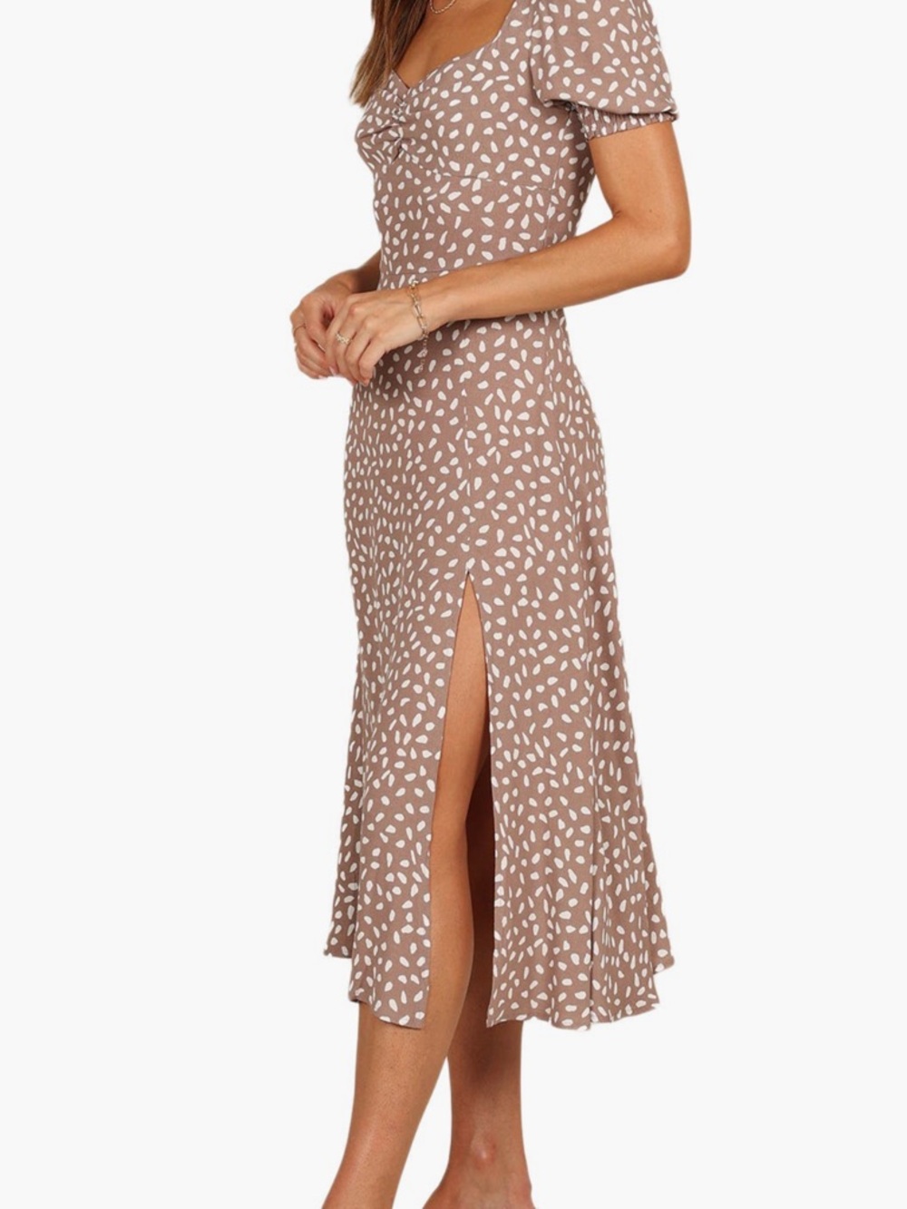 Petal & Pup Taupe Midi Dress with White Spot Print